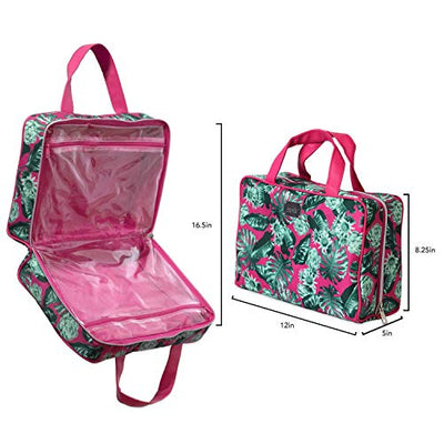 Nicole Miller Makeup Bag, Travel and Toiletry Bag, Large Cosmetic Bag with Zippered, Transparent Pockets and Handles, Foldable Makeup Bag for Home and Travel (Hot Pink & Green Leaf Print)