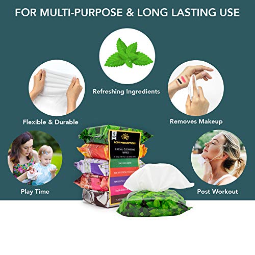 Body Prescriptions Makeup Remover Wipes Bulk, 5 Pack, 150 Facial Cleansing Cloths Removes Makeup, Mascara, Dirt and Oil (Mint, Rosehip, Vitamin C, Lavender and Coconut)