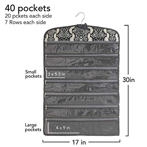 Once Upon a Rose Hanging Jewelry Organizer, Over The Door Jewelry Organizer, Double Sided with Clear Pockets, 17