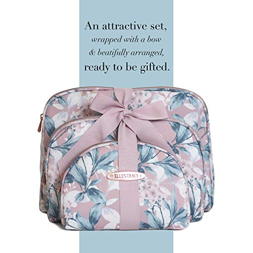 Ellen Tracy 3 Pc Cosmetic Bag Set, Purse Size Makeup Bag for Women, Toiletry Travel Bag, Makeup Organizer, Zippered Pouch Set, Large, Medium, Small (Pale Pink & Green Flower Print)