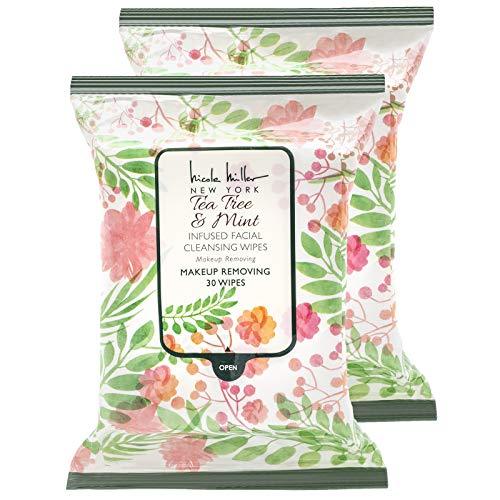 Nicole Miller 2 Pack (30 Count Each) Tea Tree and Mint Facial Cleansing and Make Up Remover Wipes