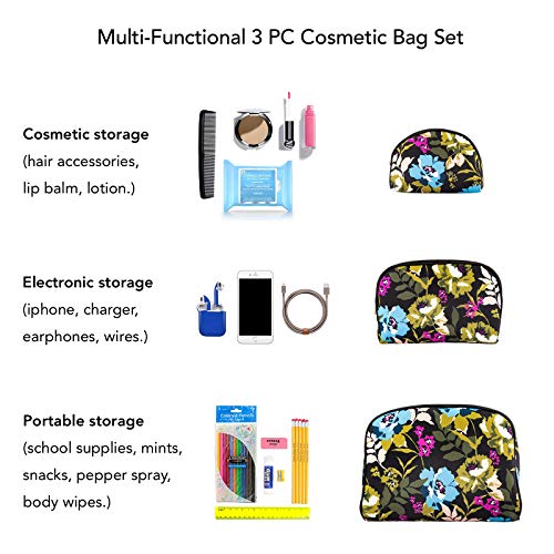 Once Upon A Rose 3 Pc Cosmetic Bag Set, Purse Size Makeup Bag for Women, Toiletry Travel Bag, Makeup Organizer, Cosmetic Bag for Girls Zippered Pouch Set, Large, Medium, Small (Blue Floral Design)