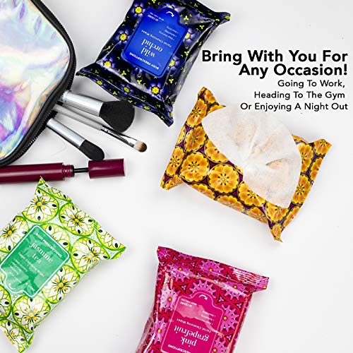 Body Prescriptions Makeup Remover Wipes Bulk, 4 Pack, 120 Facial Cleansing Cloths Removes Makeup, Mascara, Dirt and Oil (Pink Grapefruit, Mandarin Orange, Jasmine Tea and Wild Orchid)