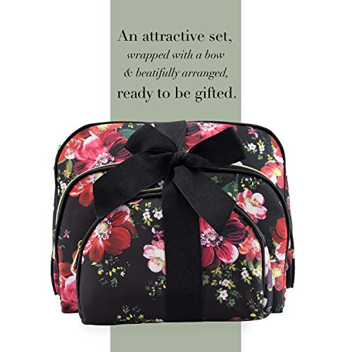 Once Upon A Rose 3 Pc Cosmetic Bag Set, Purse Size Makeup Bag for Women, Toiletry Travel Bag, Makeup Organizer, Cosmetic Bag for Girls Zippered Pouch Set, Large, Medium, Small (Black & Floral)