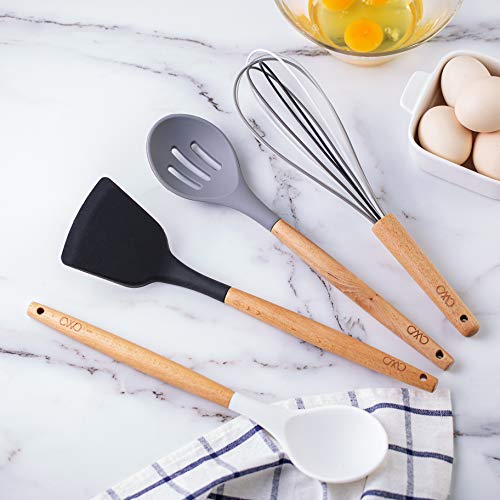 Cook With Color 5 Piece Cooking Utensil Set with Holder, Silicone Kitchen Tools and Gadgets with Wooden Handles, Whisk, Spoon, Spatula, Slotted Turner & Holder (Black and White Collection)