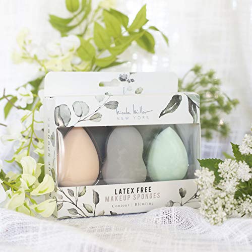 Nicole Miller Makeup Sponges, 3 Piece Blender Gift Set, Blend, Highlight and Contour, Makeup Gift for Women and Girls (White Box)