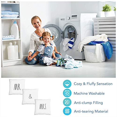 Rae Dunn Set of 3 12Ó Mini Decorative Pillow with MR. & MRS. Embroidered Sentiment, 100% Cotton (Square Pillows)