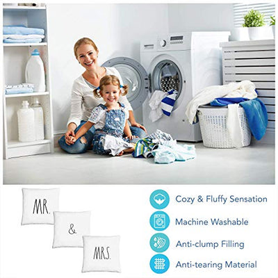 Rae Dunn Set of 3 12Ó Mini Decorative Pillow with MR. & MRS. Embroidered Sentiment, 100% Cotton (Square Pillows)