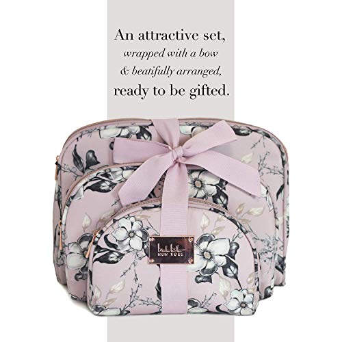 Nicole Miller 3 Pc Cosmetic Bag Set, Purse Size Makeup Bag for Women, Toiletry Travel Bag, Makeup Organizer, Cosmetic Bag for Girls Zippered Pouch Set, Large, Medium, Small (Pale Pink Floral)