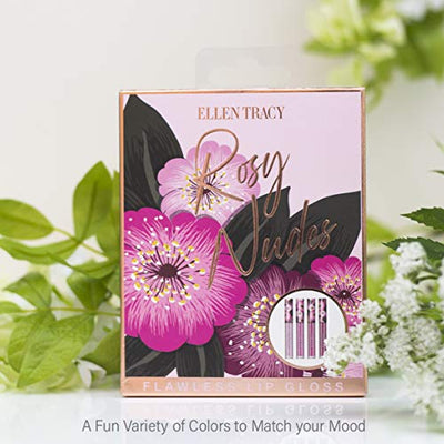 Ellen Tracy Flawless Lip Gloss Collection, 4 Piece Gift Set, Rosy Nudes, Holiday Gift Set for Women and Girls
