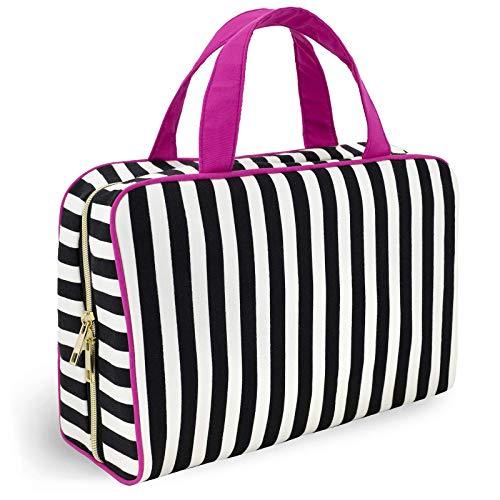 Once Upon A Rose Makeup Bag for Women and Girls, Large Cosmetic Bag with Zippered, Transparent Pockets and Handles, Foldable Makeup Bag for Home and Travel - Black & White Stripes