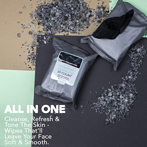 Body Prescriptions 2 Pack (30 Count Each) Charcoal Infused Facial Cleansing and Gentle Make Up Remover Wipes