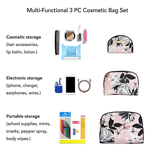Nicole Miller 3 Pc Cosmetic Bag Set, Purse Size Makeup Bag for Women, Toiletry Travel Bag, Makeup Organizer, Zippered Pouch Set, Large, Med, Small (Pale Pink & Black Floral Print)
