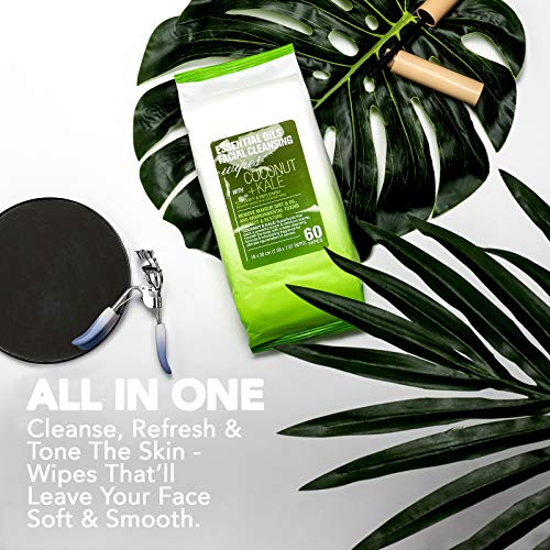 Essential Oils - 2 Pack (60 Count Each) Coconut and Kale Facial Cleansing Wipes