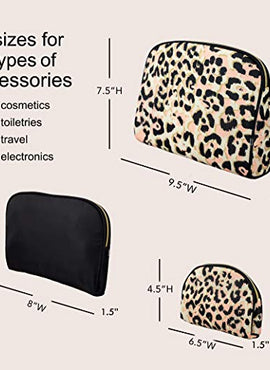 Once Upon A Rose 3 Pc Cosmetic Bag Set, Purse Size Makeup Bag for Women, Toiletry Travel Bag, Makeup Organizer, Cosmetic Bag for Girls Zippered Pouch Set, Large, Medium, Small (Black & Leopard)