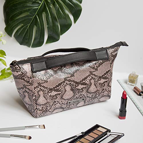 Nicole Miller Makeup Bag, Travel Toiletry Bag, and Cosmetic Bag- Pink Faux Leather Snakeskin Print (Small Clutch Bag)