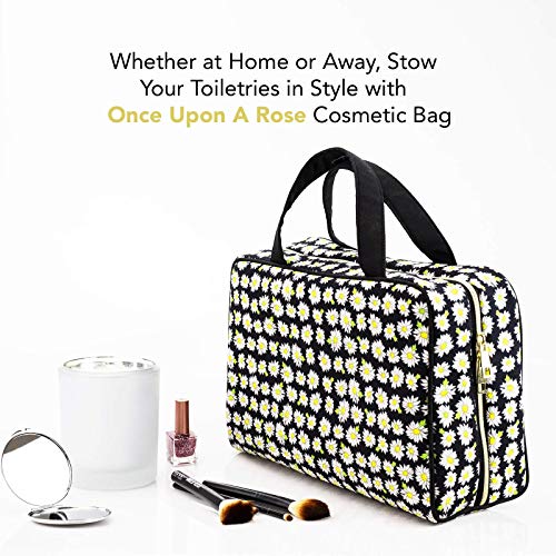 Once Upon A Rose Makeup Bag for Women and Girls, Large Cosmetic Bag with Zippered, Transparent Pockets and Handles, Foldable Makeup Bag for Home and Travel - Daisy Print