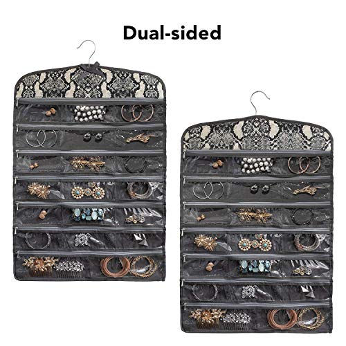 Once Upon a Rose Hanging Jewelry Organizer, Over The Door Jewelry Organizer, Double Sided with Clear Pockets, 17