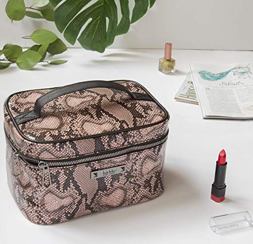 Nicole Miller Makeup Bag, Travel Toiletry Bag, and Cosmetic Bag- Pink Faux Leather Snakeskin Print (Large Train Bag)