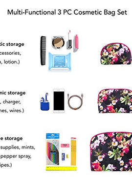Once Upon A Rose 3 Pc Cosmetic Bag Set, Purse Size Makeup Bag for Women, Toiletry Travel Bag, Makeup Organizer, Cosmetic Bag for Girls Zippered Pouch Set, Large, Medium, Small (Hot Pink & Floral)