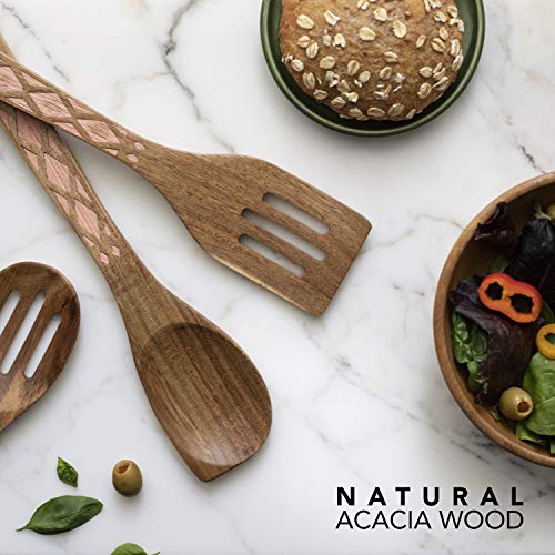 Country Kitchen 5 Piece Nonstick Utensil Set Acacia Wooden Kitchen Tools for Serving and Healthy Cooking with Black Inlay Design