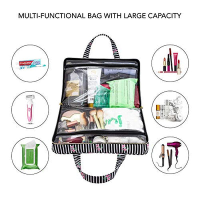 Once Upon A Rose Makeup Bag for Women and Girls, Large Cosmetic Bag with Zippered, Transparent Pockets and Handles, Foldable Makeup Bag for Home and Travel - Roses & Stripes Print