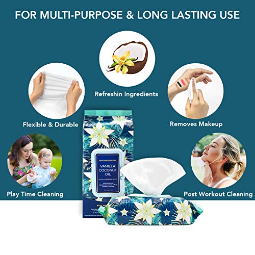 Body Prescriptions Vanilla and Coconut Oil Face Wipes & Makeup Remover Wipes - 2 Pack (60 Count Each) of Gentle Facial Cleansing Wipes Flip Top Pack