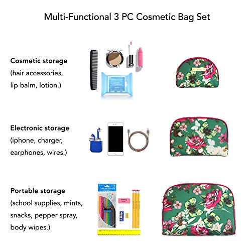 Nicole Miller 3 Pc Cosmetic Bag Set, Purse Size Makeup Bag for Women, Toiletry Travel Bag, Makeup Organizer, Zippered Pouch Set, Large, Medium, Small (Hot Pink & Green Floral Print)