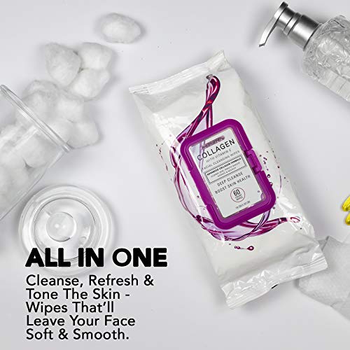 Body Prescriptions 2 Pack (60 Count Each) Collagen with Vitamin E Facial Cleansing and Make Up Remover Wipes Flip Top Pack