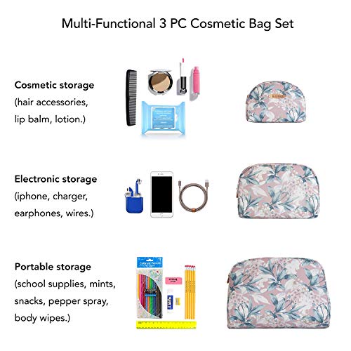 Ellen Tracy 3 Pc Cosmetic Bag Set, Purse Size Makeup Bag for Women, Toiletry Travel Bag, Makeup Organizer, Zippered Pouch Set, Large, Medium, Small (Pale Pink & Green Flower Print)