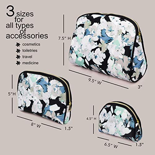 Once Upon A Rose 3 Pc Cosmetic Bag Set, Purse Size Makeup Bag for Women, Toiletry Travel Bag, Makeup Organizer, Cosmetic Bag for Girls Zippered Pouch Set, Large, Medium, Small (White Floral Design)