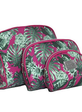 Nicole Miller 3 Pc Cosmetic Bag Set, Purse Size Makeup Bag for Women, Toiletry Travel Bag, Makeup Organizer, Cosmetic Bag for Girls Zippered Pouch Set, Large, Med, Small (Hot Pink & Green Leaf Print)