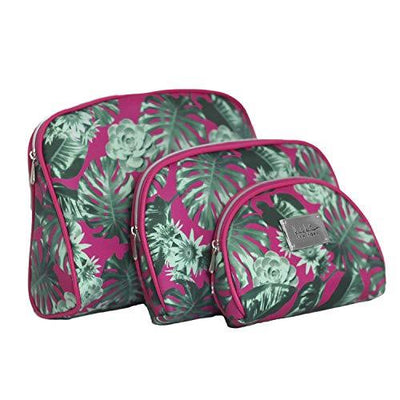 Nicole Miller 3 Pc Cosmetic Bag Set, Purse Size Makeup Bag for Women, Toiletry Travel Bag, Makeup Organizer, Cosmetic Bag for Girls Zippered Pouch Set, Large, Med, Small (Hot Pink & Green Leaf Print)