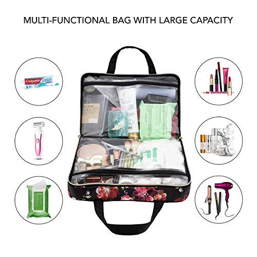 Once Upon A Rose Makeup Bag for Women and Girls, Large Cosmetic Bag with Zippered, Transparent Pockets and Handles, Foldable Makeup Bag for Home and Travel - Coral Floral Print