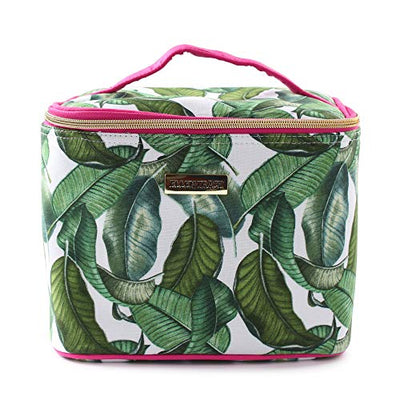 Ellen Tracy Reusable Insulated Soft Rectangle Lunch Box/Tote with Zipper for Woman and Teens (Leaf Print with Hot Pink Handles)