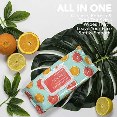 Body Prescriptions Vitamin C and Aloe Face Wipes & Makeup Remover Wipes - 2 Pack (60 Count Each) of Gentle Facial Cleansing Wipes Flip Top Pack, Citrus Scented
