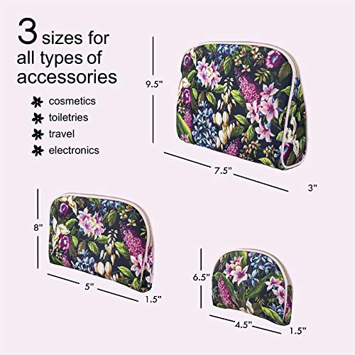 Once Upon A Rose 3 Pc Cosmetic Bag Set, Purse Size Makeup Bag for Women, Toiletry Travel Bag, Makeup Organizer, Cosmetic Bag for Girls Zippered Pouch Set, Large, Medium, Small (Forest Floral)