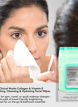 Clinical Works Facial Cleansing Wipes, 120 Count, 2 Packs of 60 Face Wipes Each, Collagen with Vitamin E Makeup Remover Wipes, Flip Top Pack