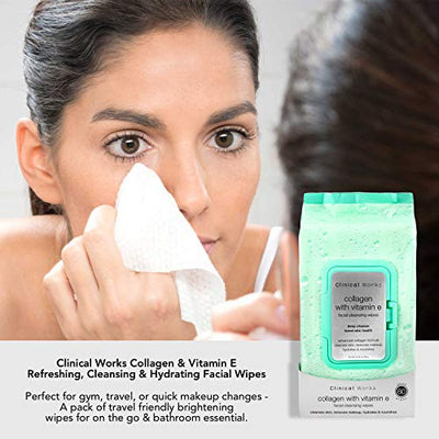 Clinical Works Facial Cleansing Wipes, 120 Count, 2 Packs of 60 Face Wipes Each, Collagen with Vitamin E Makeup Remover Wipes, Flip Top Pack