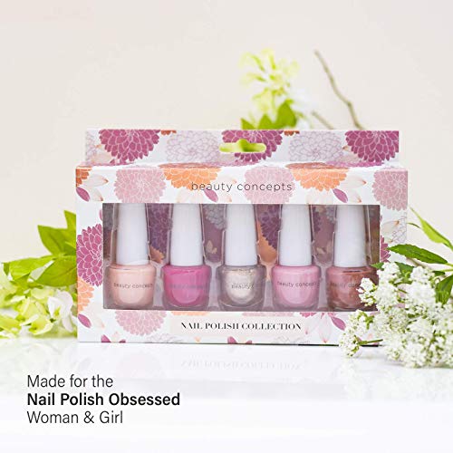Beauty Concepts Nail Polish Collection, 5 Assorted Nail Color Shades, Includes Light to Dark Pinks and Bronze Glitter