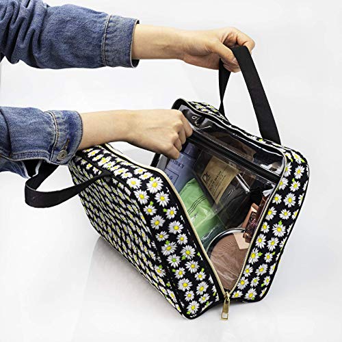 Once Upon A Rose Makeup Bag for Women and Girls, Large Cosmetic Bag with Zippered, Transparent Pockets and Handles, Foldable Makeup Bag for Home and Travel - Daisy Print