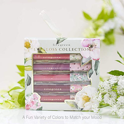 Live Green 5 Pc Lip Gloss Collection, Gift Set with Five Different Shade Lip Glosses, Holiday Gift Set for Women and Girls, Warm Color Shades