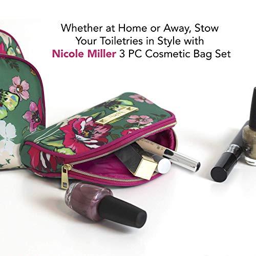 Nicole Miller 3 Pc Cosmetic Bag Set, Purse Size Makeup Bag for Women, Toiletry Travel Bag, Makeup Organizer, Zippered Pouch Set, Large, Medium, Small (Hot Pink & Green Floral Print)
