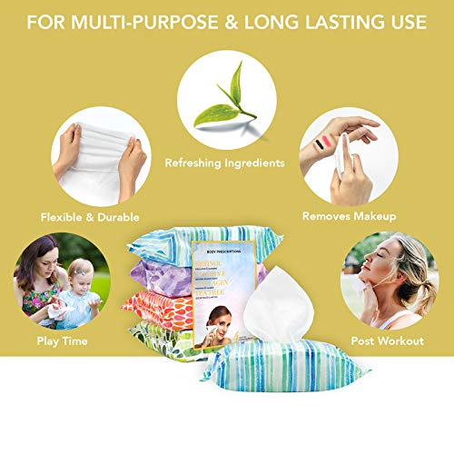 Body Prescriptions Makeup Remover Wipes Bulk, 4 Pack, 120 Facial Cleansing Cloths Removes Makeup, Mascara, Dirt and Oil (Retinol, Vitamin E, Tea Tree and Collagen )