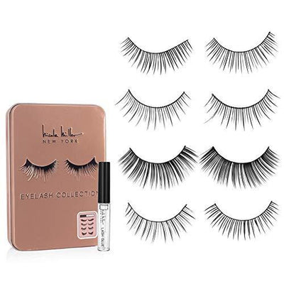 Nicole Miller Faux Eyelash Collection with Lash Glue in Tin Case, Set of Four False Lashes (Rose Gold Tin)