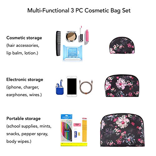 Once Upon A Rose 3 Pc Cosmetic Bag Set, Purse Size Makeup Bag for Women, Toiletry Travel Bag, Makeup Organizer, Cosmetic Bag for Girls Zippered Pouch Set, Large, Medium, Small (Pink Floral Design)