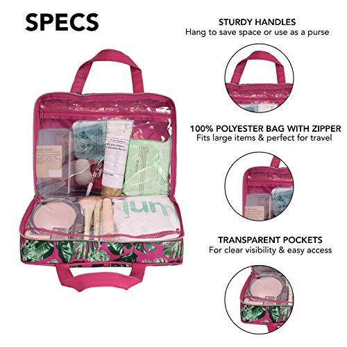 Nicole Miller Makeup Bag, Travel and Toiletry Bag, Large Cosmetic Bag with Zippered, Transparent Pockets and Handles, Foldable Makeup Bag for Home and Travel (Hot Pink & Green Leaf Print)