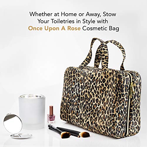 Once Upon A Rose Makeup Bag for Women and Girls, Large Cosmetic Bag with Zippered, Transparent Pockets and Handles, Foldable Makeup Bag for Home and Travel - Leopard Print