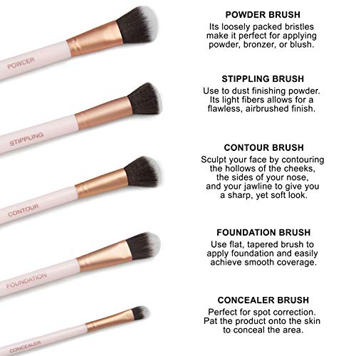 Ellen Tracy Five Face Essential Brush Collection for Powder, Stippling, Contour, Foundation and Concealer, Professional, Blending Cosmetic Makeup Brush Set - 5 Pc Set