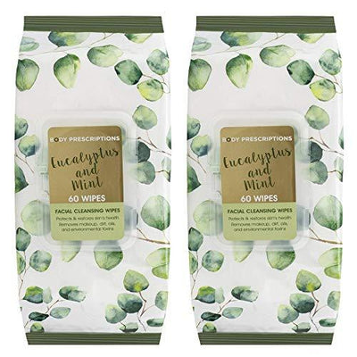 Body Prescriptions 2 Pack (60 Count Each) Eucalyptus and Mint Facial Cleansing and Gentle Make Up Remover Wipes Flip Top Pack